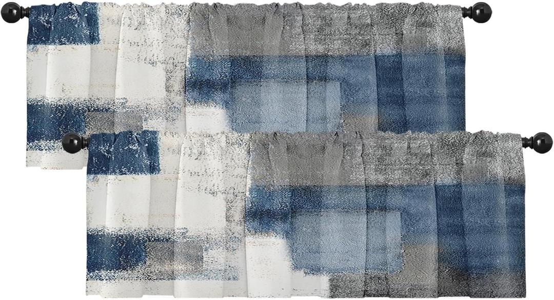 Emvency 2 Pack Valances Window Treatments, Blue and Grey Abstract Modern Art Blackout Drapes Adjustable Curtain for Windows Living Room Kitchen Over Sink, 18x52 Inch Rod Pocket Valances (18"W x 52"L (Pack of 2), Abstract Blue Grey)
