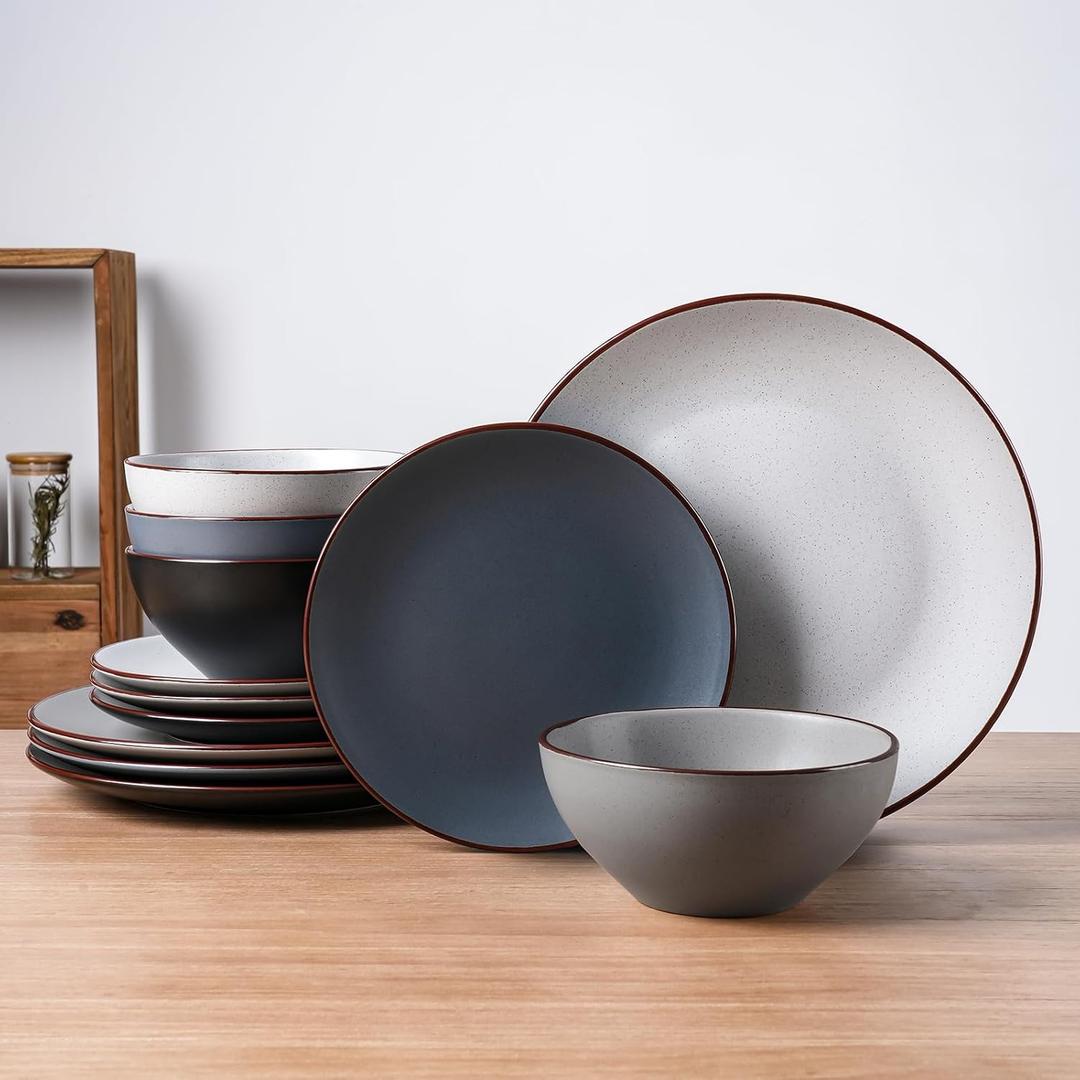 Famiware Venus Ceramic Plates and Bowls Sets, Speckled Dinnerware Dish Sets for 4 (12 Pieces) - Microwave and Dishwasher Safe, Matte Multi-color