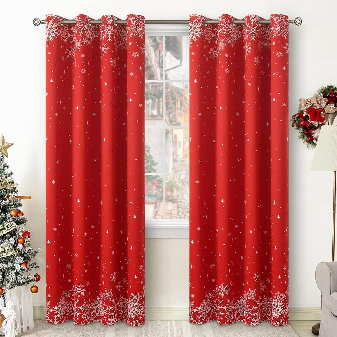 BGment Red Christmas Curtains for Living Room, Grommet Christmas Decoration Window Blackout Curtains with Christmas Tree and Snowflake Print, 2 Panels, Each 52 x 84 Inch, Red