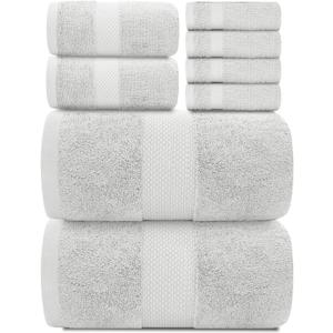 White Classic Luxury Bath Towel Set of 8 Pieces - 100% Turkish Cotton Highly Absorbent Towels for Bathroom, 2 Luxury Bath Towels 700GSM, 2 Hand Towels, 4 Washcloths, Silver