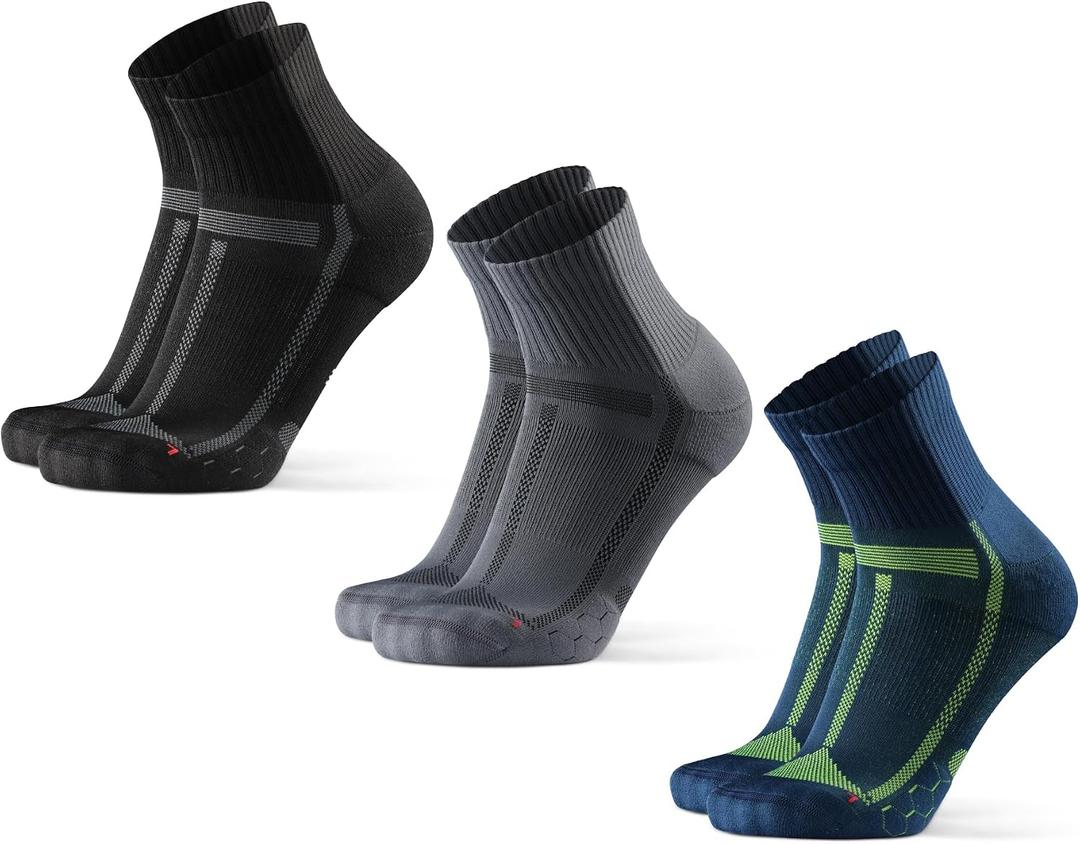 DANISH ENDURANCE Running Socks for Men Women, Quarter Length Anti Blister, Sport, Multicolor (1 X Black/Grey, 1 X Blue/Yellow, 1 X Grey/Black), Large