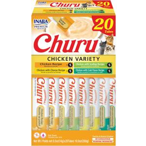 INABA Churu Cat Treats, Lickable, Squeezable Creamy Pure Cat Treat with Green Tea Extract & Taurine, 0.5 Ounces Each Tube, 20 Tubes, Chicken Variety Box (EXP 04/09/28)