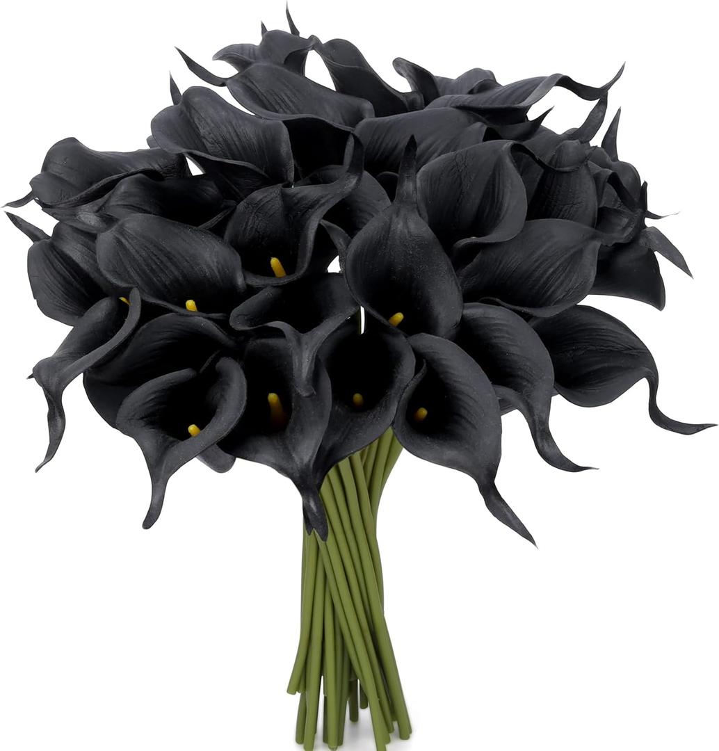 24 Pcs Black Artificial Calla Lily Flowers Fake Black Silk Flowers Real Touch for Wedding Bouquet Office Home Kitchen Decor (Black And Red)