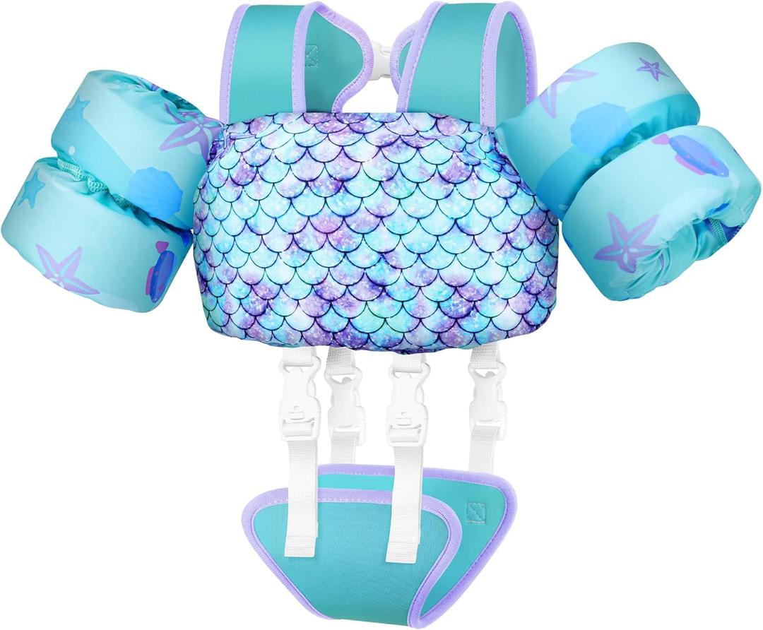 Vvinca Toddler Swim Vest for Kids 13-30lbs Boys Girls Puddle Kids Jumper Toddlers Pool Floaties Jacket with Adjustable Crotch Strap Sleeves Shoulder for 1 2 3 Years Old Baby Infant Learn to Swimming