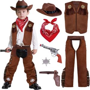 Spooktacular Creations Halloween Cowboy Costume for Boys, Kids Brown Western Costume, Deluxe Cowboy Outfit Set with Hat for Toddler Halloween Dress-up, RolePlay Themed Party (Small, 5-7 yrs)