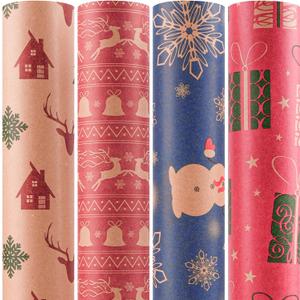 Happypapa Christmas Wrapping Paper, Kraft Xmas Wrapping Paper Rolls - Jingle Bell, Reindeer, Gift and Snowflakes Pattern - 4 Rolls - 17 Inch  120 Inch Per Roll