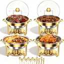 4 Pack Gold Round Chafing Dishes for Buffet, 5 QT Food Warmers and Cold Food Server for Parties, Events Hosting, Family Gatherings, Full Set Catering Supplies with Serving Utensils Accessories