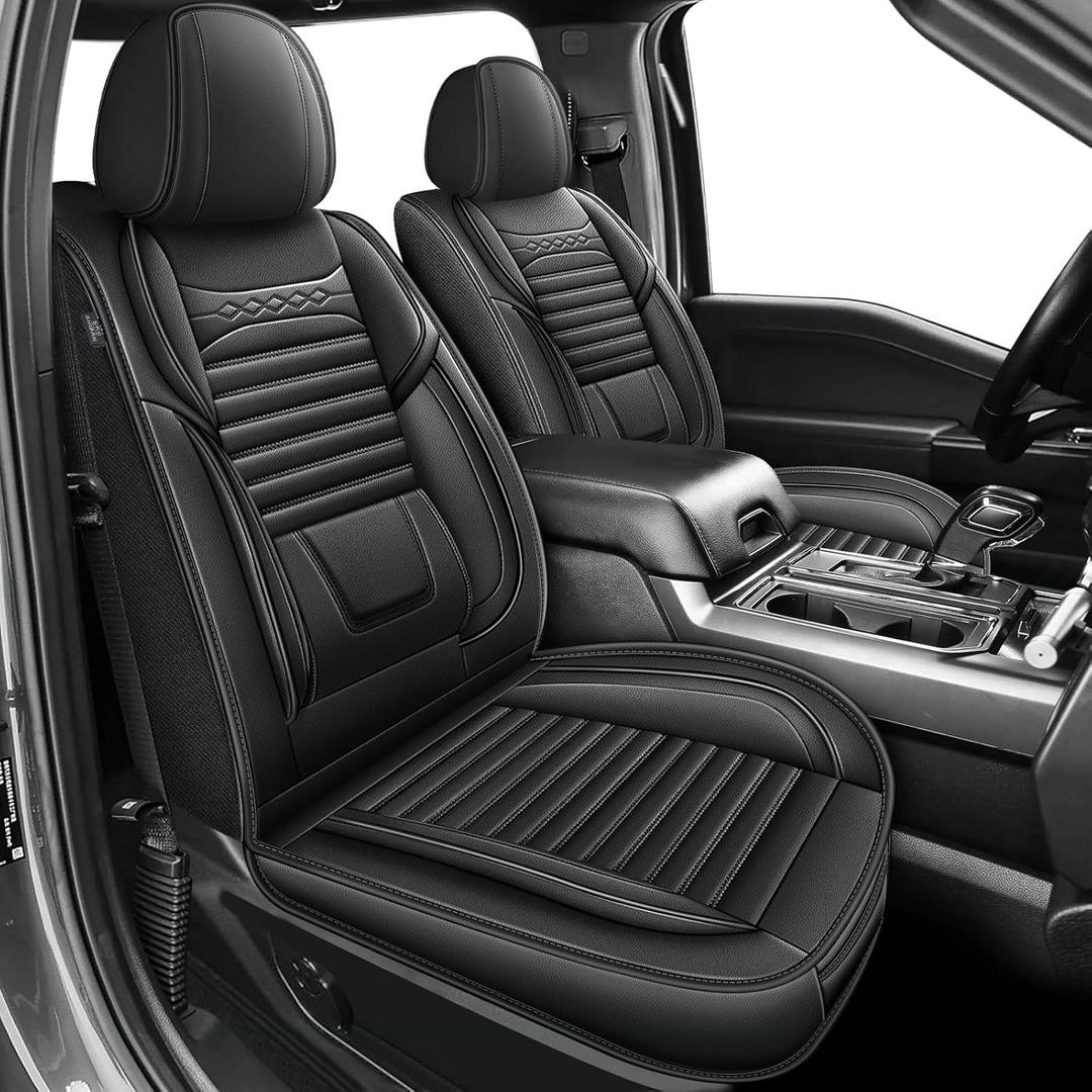 DISUTOGO Seat Covers Compatible with Ford F150 2009-2025 2026 / F250 F350 F450 2017-2025 2026 - Faux Leather Seat Covers for Trucks (091-Black/Front only)