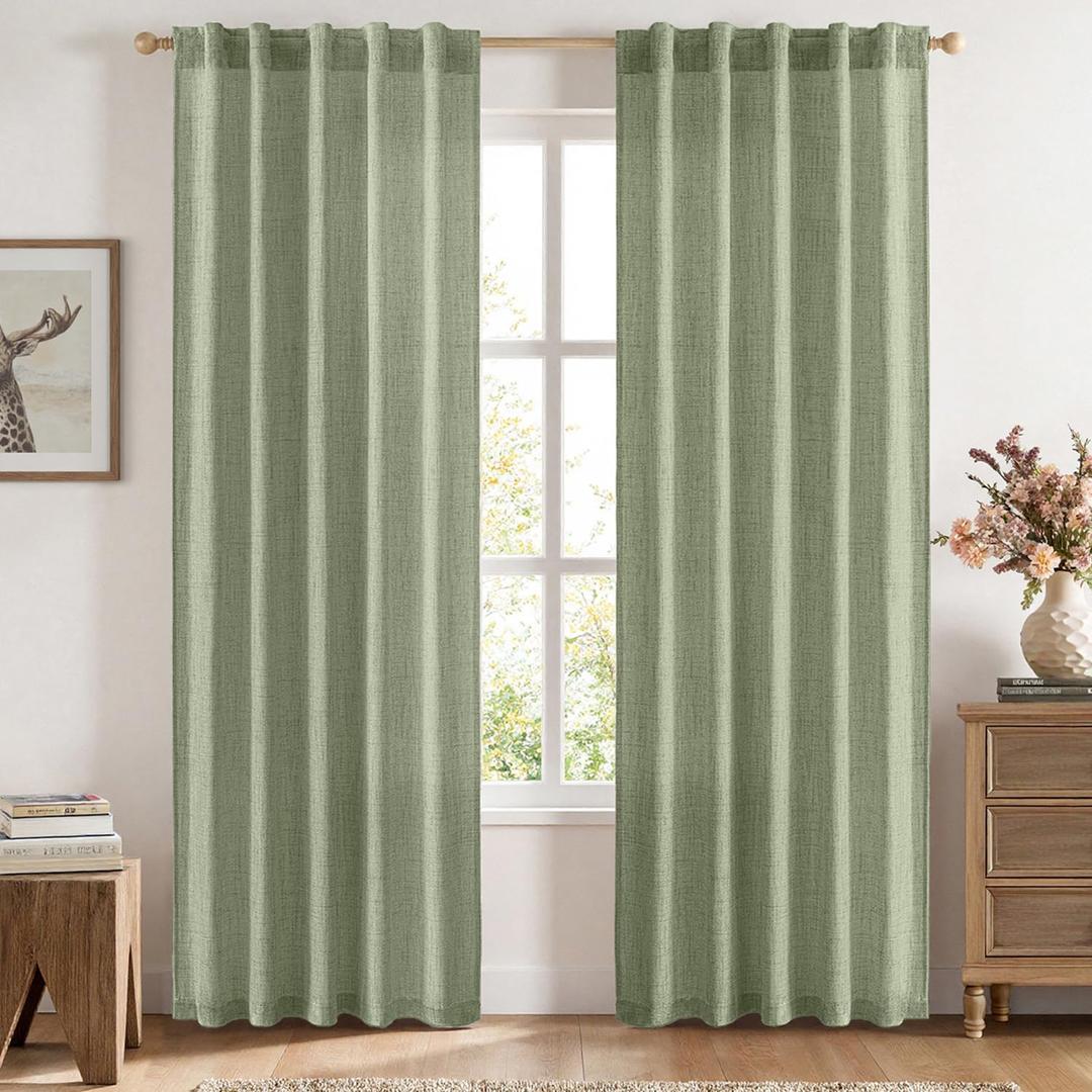 MIULEE Faux Linen Curtains 84 Inch Length 2 Panels Natural Sage Green Semi Sheer Curtain with Back Tab Rod Pocket, Light Filtering Window Privacy Burlap Drapes for Living Room Bedroom 42W x 84L