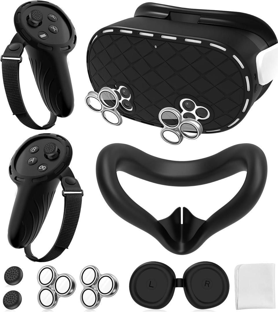 Silicone Cover Set Compatible with Meta/Oculus Quest 3s Accessories, Silicone Face Cover, Controller Grip Cover, Camera Lens Protector, VR Shell Cover, Protective Lens Cover, Not Fit Quest 3 (Deep Black)