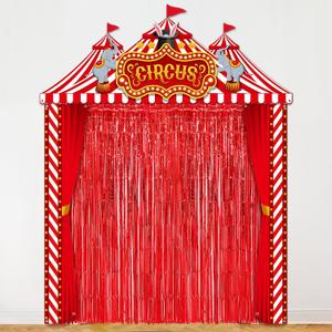 Tingjoo 6 Pcs Carnival Circus Party Decorations Set Red and White Circus Tent Door Cover Banner with Red Tinsel Fringe Curtain Backdrop Striped Awning Halloween Clown Theme Birthday Supplies