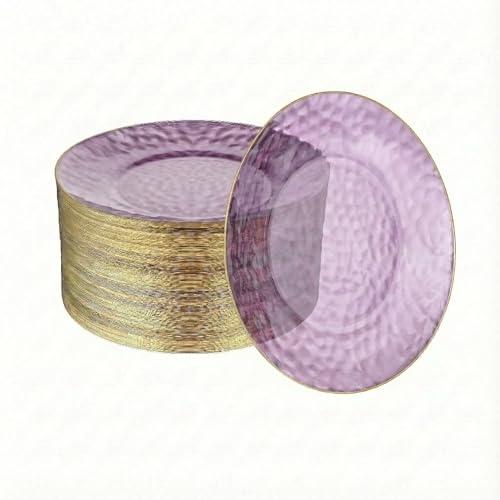 R-Kay 100 Pack Purple Plastic Plates - 6 Inch Hammered With Gold Rim, Sturdy, Durable And Extra Heavy duty Purple Plastic Dessert Plates Disposable - Ideal For Appetizer And And For Desserts