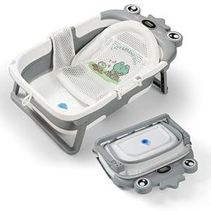 Baby Bathtub, Collapsible Baby Bath Tub with Soft Cushion & Thermometer, Space Saving Foldable & Travel Newborn Bathtub for Infant to Toddler 0-36 Months, Frog Gray