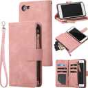 RANYOK Wallet Case Compatible with iPhone SE 2022 5G, iPhone 7/8/SE 2020 (4.7 inch), RFID Blocking PU Leather Zipper Flip with Wrist Strap [Kickstand] Protective Case for iPhone 7/8/SE 2/SE 3 - Pink
