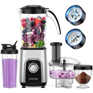 KOIOS Blender/Food Processor Combo Max 1000W, 4 in 1 34oz Pitcher, 22oz Travel Cup, Meat Grinder & Vegetable Chopper, Spice Grinder,BPA Free -All-in-One Kitchen System, Dishwasher Safe