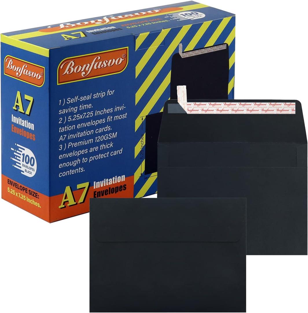 100 Pack A7 Black Invitation Envelopes 5.25 x 7.25 inches Self Seal 120GSM Kraft Paper Envelopes for Invitations Papers Photos Documents Wedding Baby Shower Easy to Seal (100 Pack A7 (5.25 x 7.25 inches))