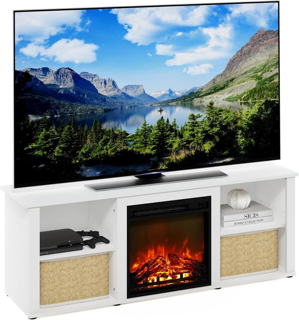 Furinno Classic 60 Inch TV Stand with Fireplace, Solid White
