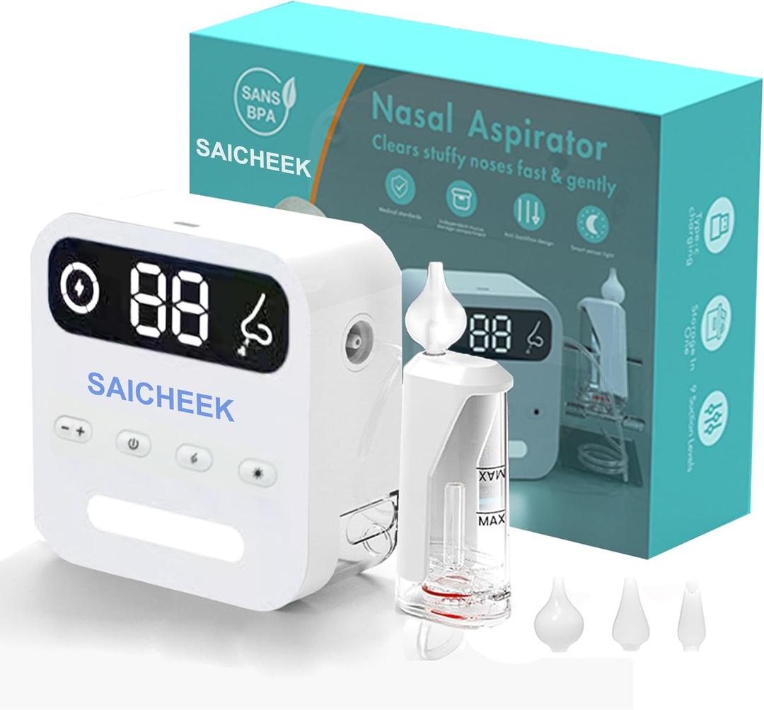 Electric Nasal Aspirator with Storage Box, 70Kpa Electric Nose Suction Nose Sucker for Baby,3 Silicone Tips,9 Suction Levels,Light Function,Anti-Reflux Design,BC-026