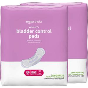 Amazon Basics Incontinence Pads for Women, Postpartum, Long, Maximum Absorbency, Bladder Control, Unscented, 78 Count (2 Packs of 39)