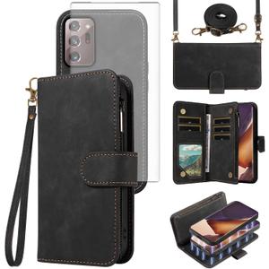 Asuwish Phone Case for Samsung Galaxy Note 20 Ultra 5G Zipper Wallet Detachable Magnetic Cover with Screen Protector Crossbody Lanyard Note20 Plus Notes 20Ultra Note20+ U + 20+ Twenty Not S20 Black