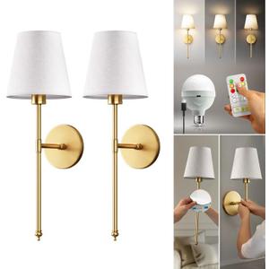 Set of 2 Wireless Wall Sconces  Stick-On or Screw Mount - Rechargeable LED Bulbs, Remote Controlled, Adjustable Brightness & Warmth, Easy Installation, Living Room Wall Decor (Gold)