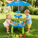 Water Sand Table with Umbrella for Toddler Kids - 3-Tier Summer Toys, Outdoor Backyard Beach Poolside Playset with Stable Design, Sensory Learning Activity Game Gifts for Boys Girls(Navy)