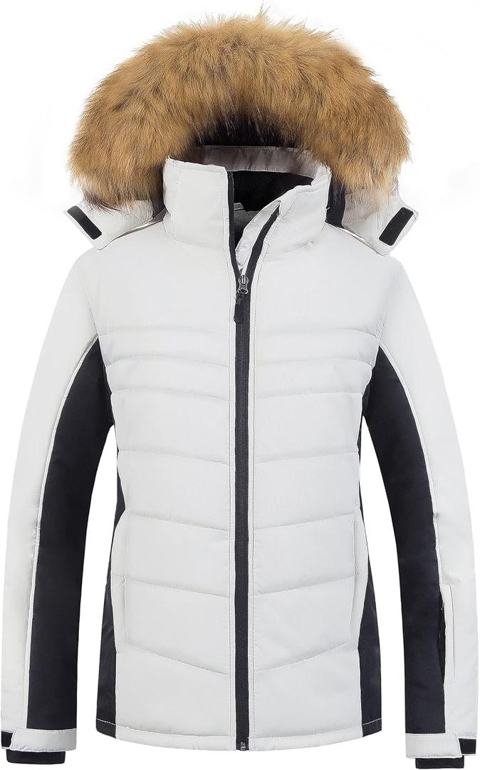 Pursky Women's Waterproof Ski Jacket Winter Puffer Snow Coat Fur Hooded Raincoat (Large, White Black)