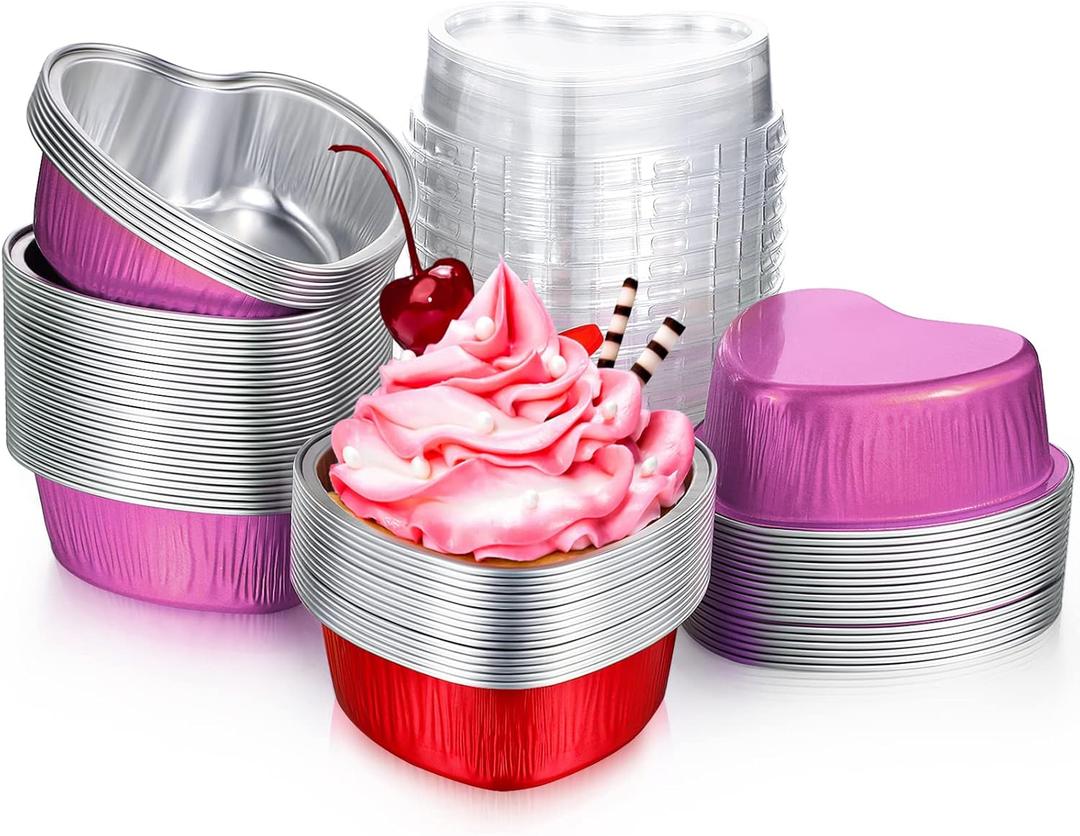 Honeydak 100 Sets Heart Baking Pan Heart Shaped Cake Pan Mini Aluminum Foil 3.4oz Disposable Cupcake Tin with Lids for Wedding Mother's Day Party(Simple Style,Red, Rose Red)