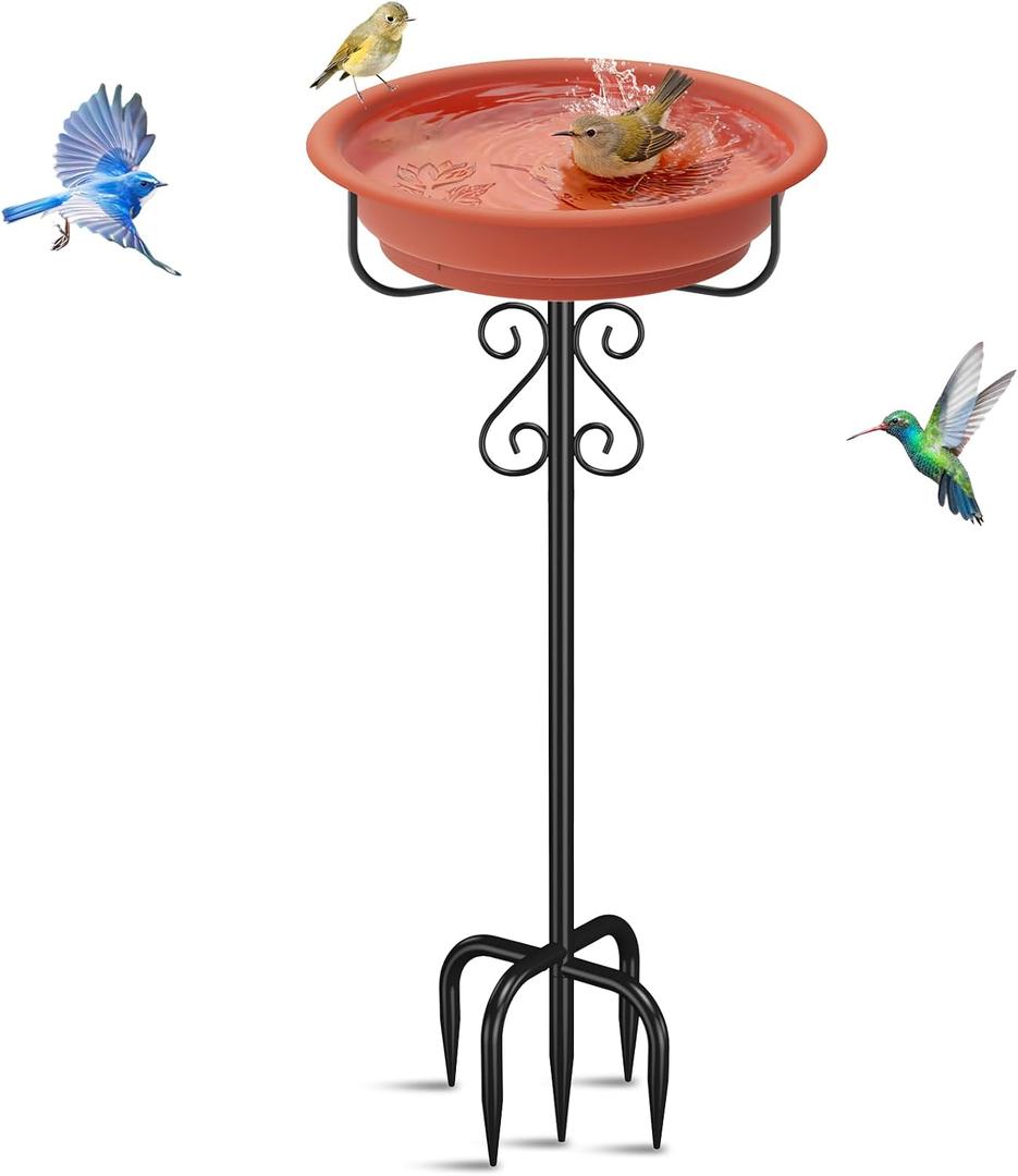 Bird Bath for Outside, 40In Freestanding Birdbaths & Birdfeeder with Removable Bowl, Stable Metal Stake for Outdoors Garden Patio Yard Lawn Decor (Brown)
