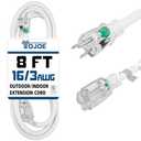 YOJOE Indoor Outdoor Extension Cord with Lighted End, 3 Prong 13A Weatherproof Power Cord, 16 Gauge Heavy Duty 8 ft White Extension Cord for Garage, Garden and Home, 16/3 SJTW UL Listed