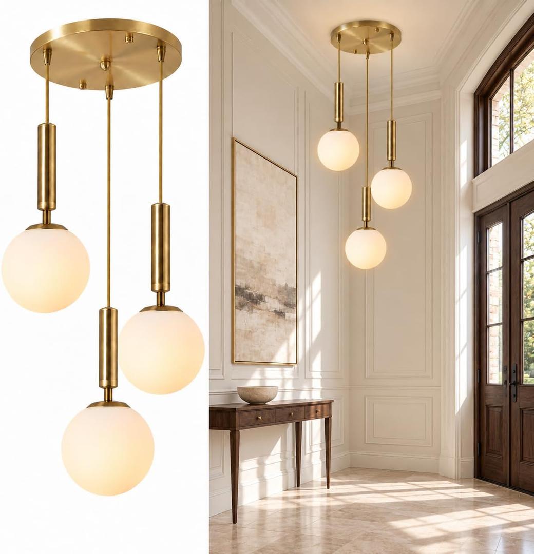 KCO 3-Light Milk Glass Globe Cluster Pendant Lighting Brass Gold Chandelier