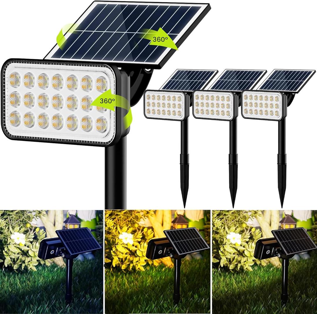 JACKYLED 84-LED Solar Spotlights 5 Lighting Modes 360 Adjustable IP65 Waterproof Super Bright Overnight Solar Spot Lights for Outside with Extendable Spike for Yard, Garden, Lawn, Pathway, 4 Pack (Warm/Cool/Neutral White)