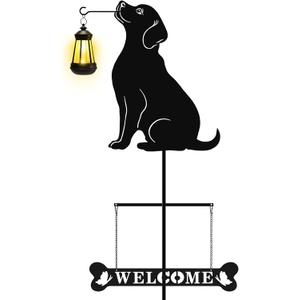 Solar Garden Stakes Golden Retriever Silhouette Dog Welcome Sign with Lantern Outdoor Decorative Stakes for Outside,Pathway,Yard, Lawn