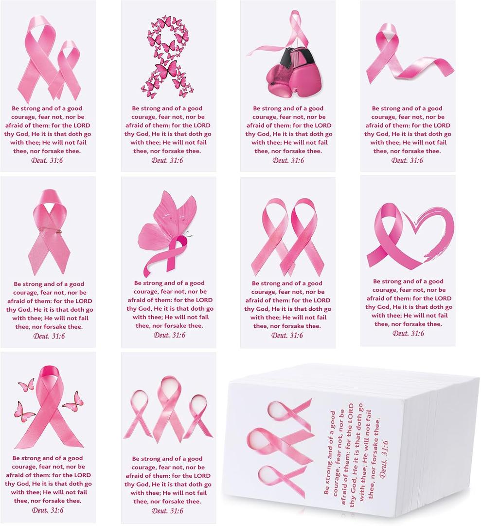 200 Pcs Pink Ribbon Scripture Cards Bible Verse Prayer Cards Pocket Christian Inspirational Religious Cross Church Gifts for Fall Breast Cancer Awareness Halloween Thanksgiving