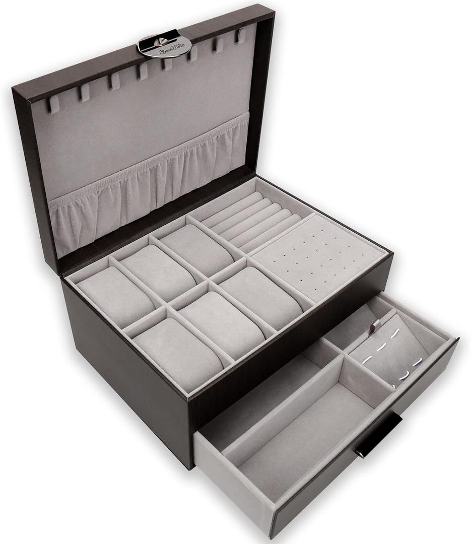 Jewelry Box for Men 2-Layer Valet Organizer with 2 Drawers Watch Ring Necklace Cufflink Storage Case Glass Lid Premium PU Leather Mens Accessories Box Gift for Husband Boyfriend Dad Black