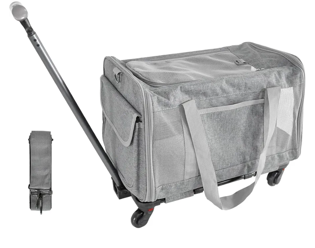 ALSTON Pet Rolling Travel Carrier Rolling Luggage Trolley Case for Pet up to 7.5kg with Handle Four Wheels Shoulder Strap and Cushion for Cat Dog Grey