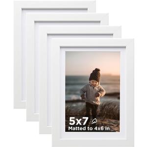 KINLINK 5x7 Picture Frame White Set of 4, Wooden Photo Frames Matted 4x6 with Plexiglass for 4x6 with Mat or 5x7 without Mat for Table and Wall Display
