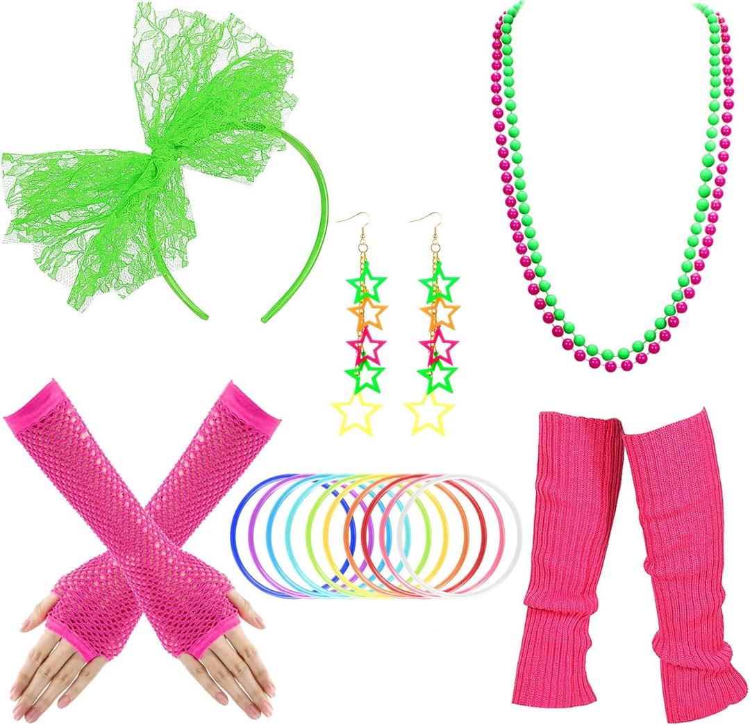 Blulu 80s Dress Costume Accessories for Women Lace Headband Earring Fishnet Glove Leg Warmers Necklace Bracelet for 80s Party (Assorted Color)