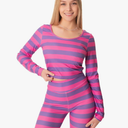 Womens Pink and Purple Striped Cat Costume - Crop Top Shirt and Leggings Animal Halloween Cosplay 2024, S