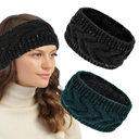 5 x CAVETEE Winter Headbands for Women 2 Pack Thickened Coral Fleece Lined Crochet Knit Non-Slip Windproof Knit Headbands for Women (Black&Dark Blue) 10 Count