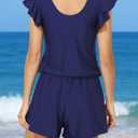 Smismivo Swim Romper with Built in Bra and Pockets Swim Dress Modest One Piece Swimsuit Full Coverage Bathing Suit (Blue, M)