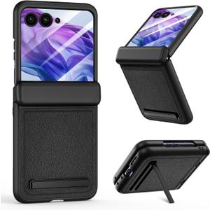 VEGO for Motorola Razr Plus 2024 Case, with Hinge Protection, Built-in Screen Protector & Kickstand PU Leather Full Body Protective Cover - Black