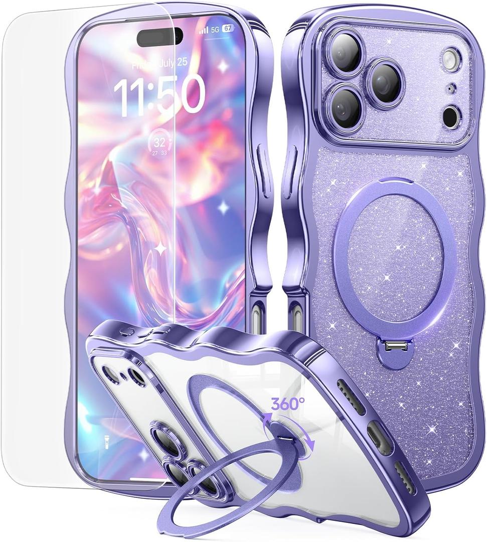 3 in 1 for iPhone 17 Pro Max Case with 360 Spin Magnetic Stand, 1X DIY Glitter Cardstock +1X Screen Protector, [Fit for Magsafe]Cute Wavy Trendy Glossy Clear Phone Cover for Women Girls 6.9", Purple