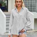 siliteelon Gray Green Striped Button Down Shirts for Women Long Sleeve Blouses Collared Smocked Cuff Boyfriend Plus Business Casual Tops Pocket (S)