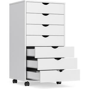 OLIXIS 7 Drawer Mobile File Cabinet Under Desk Storage Organization with Wheels Vertical Filing Chest Rolling Wood Small Desk Printer Stand for Home Office, 15.75"D x 18.74"W x 34.25"H, White