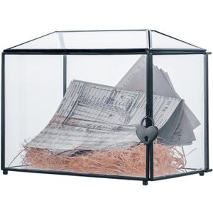 NCYP Small Wedding Glass Cards Box with Slot and Lock, 10.2 x 5.9 x 7.9 Inch, Black Geometric Cards Holder for Birthdays Party Reception, Wishing Well - Slot Length 6.3'' (Glass Box Only)