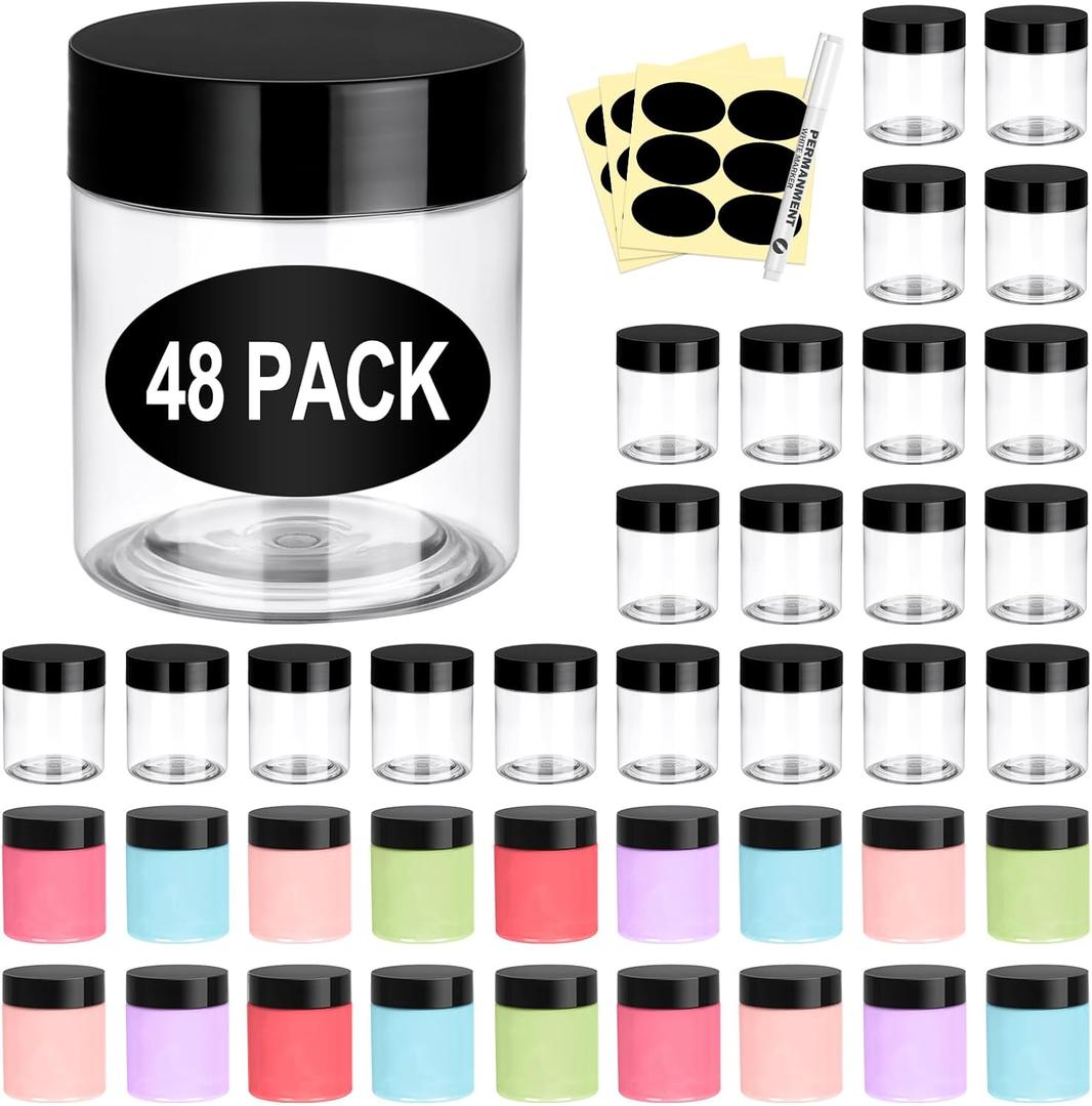 Eupako 48 Pack Plastic Jars with Lids 4 OZ - Empty Clear Cosmetics Containers with Pen and Labels, Round Small Plastic Jars with Screw On Lids for Slime, Makeup, Butter, Cream, Lotion, Pot, Dry Food