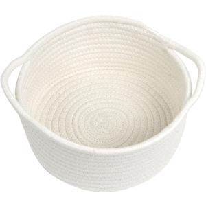 Small Woven Basket with Handle, Small Cute White Storage Baskets for Organizing, Tiny Decorative Round Cotton Rope Woven Closet Storage Bin, Baby Boho Empty Gift Basket for Nursery