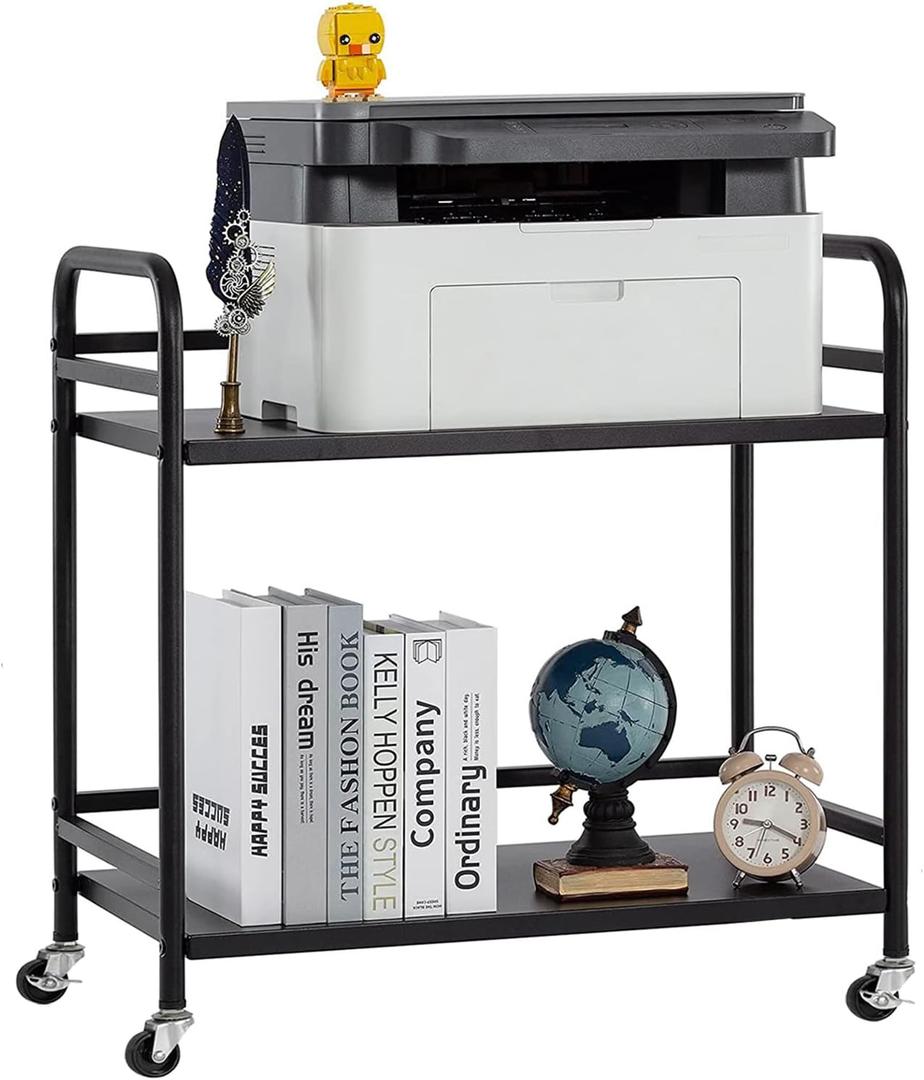 HDANI 2 Tier Under Desk Printer Stand with Storage,Microwave Storage Rack,Metal Rolling Printer Cart with Wheels for Home Office,Utility Storage Cart and Stand,Black