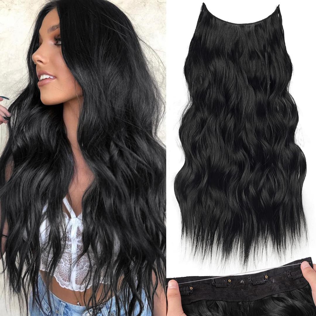 KooKaStyle Invisible Wire Hair Extensions with Transparent Wire Adjustable Size 4 Secure Clips Long Wavy Secret Synthetic Hairpiece (24 Inch, Black)